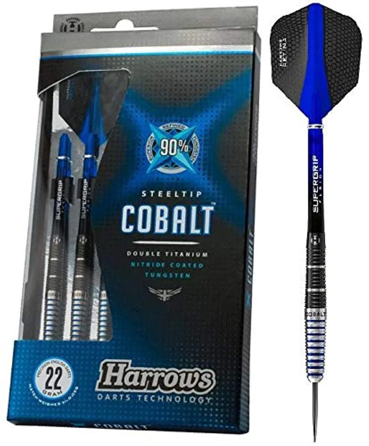 Harrows Cobalt Black/Blue 90% Tungsten Steel Tip Darts, 3 Supergrip Fusion Shafts, 3 Retina Flights (24g)