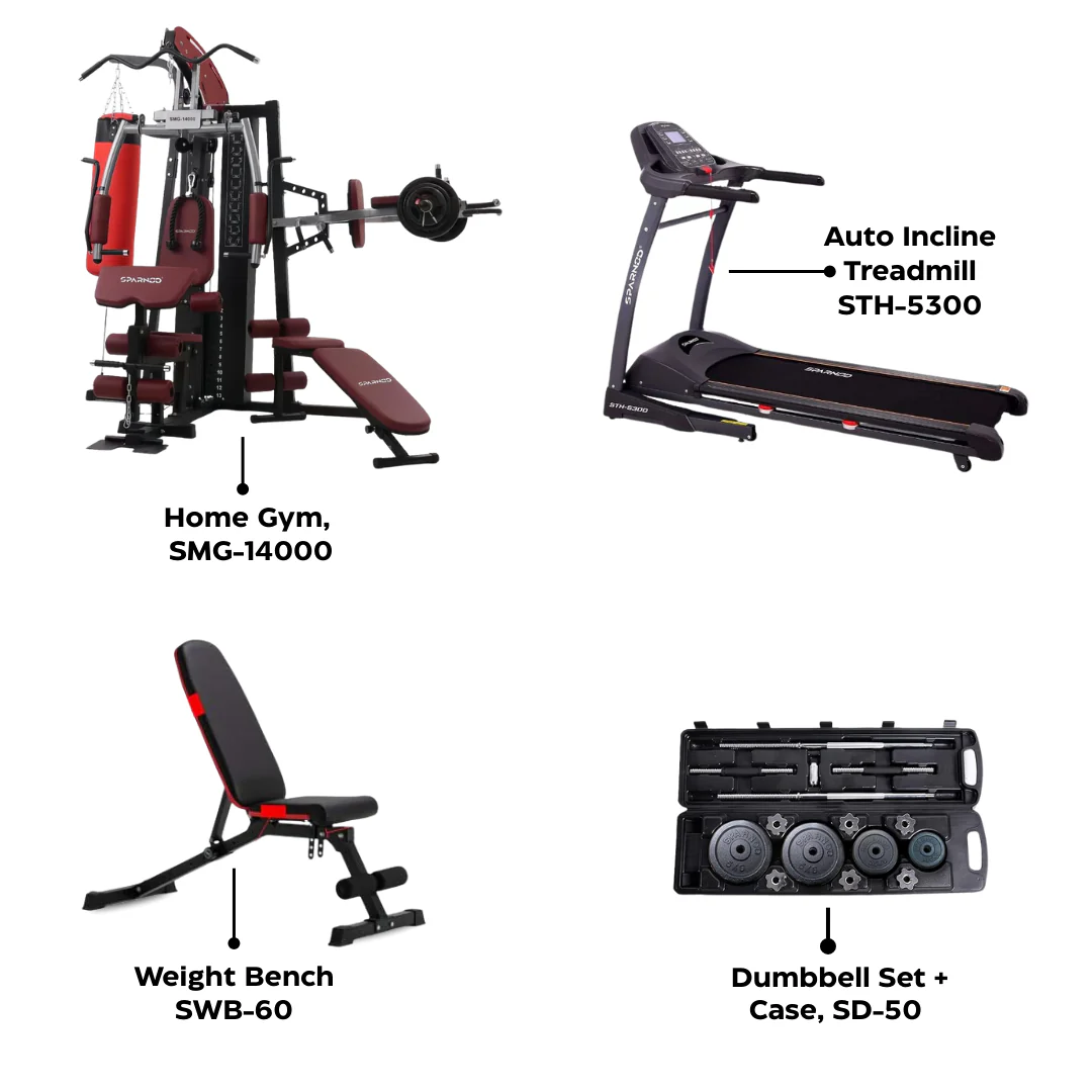 4_6a8f5517-db69-4f69-9b4f-83f066a04a37_2751x.webp Combo | Home Gym | Sparnod Fitness 3 Station Gym with Bench, Treadmill & Dumbbell Set - Image 1
