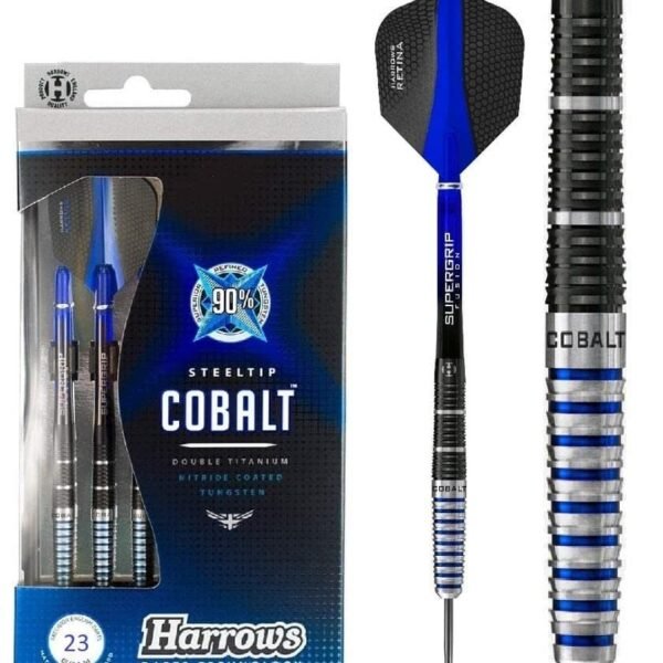 Harrows Cobalt Black/Blue 90% Tungsten Steel Tip Darts, 3 Supergrip Fusion Shafts, 3 Retina Flights (23g)