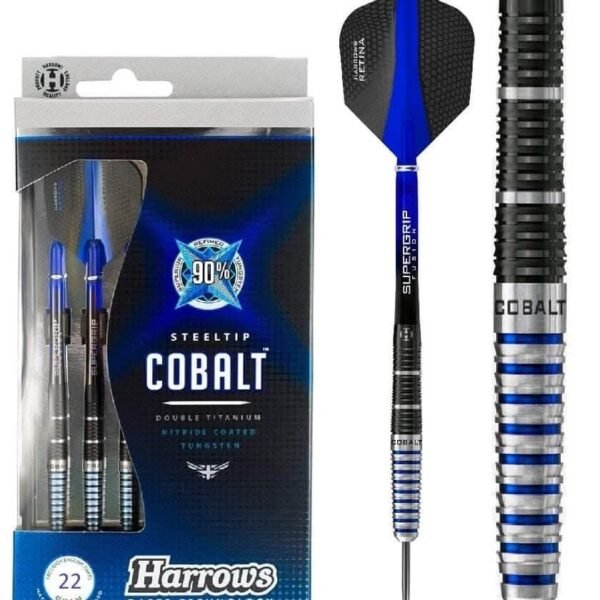 Harrows Cobalt Black/Blue 90% Tungsten Steel Tip Darts, 3 Supergrip Fusion Shafts, 3 Retina Flights (22g)