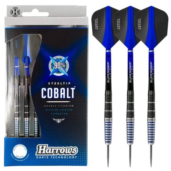 Harrows Cobalt Black/Blue 90% Tungsten Steel Tip Darts, 3 Supergrip Fusion Shafts, 3 Retina Flights (21g)